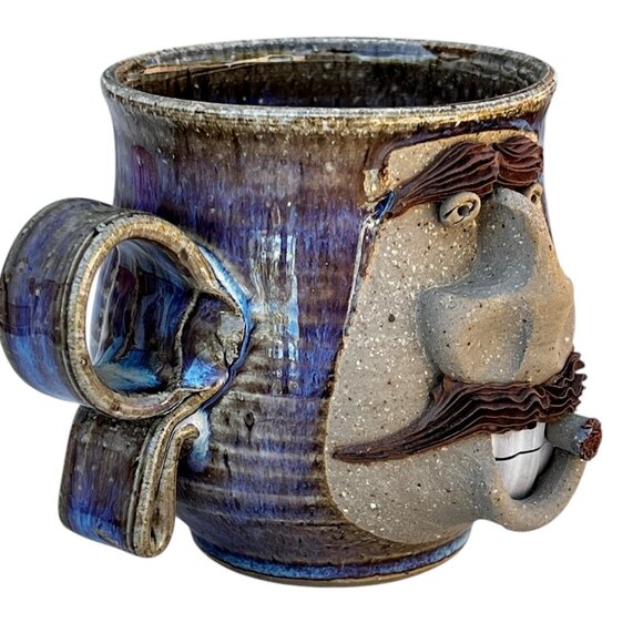 Handcrafted Thrown Ceramic Mug Whimsical Face with Cigar Stamped UR on bottom - Picture 7 of 16